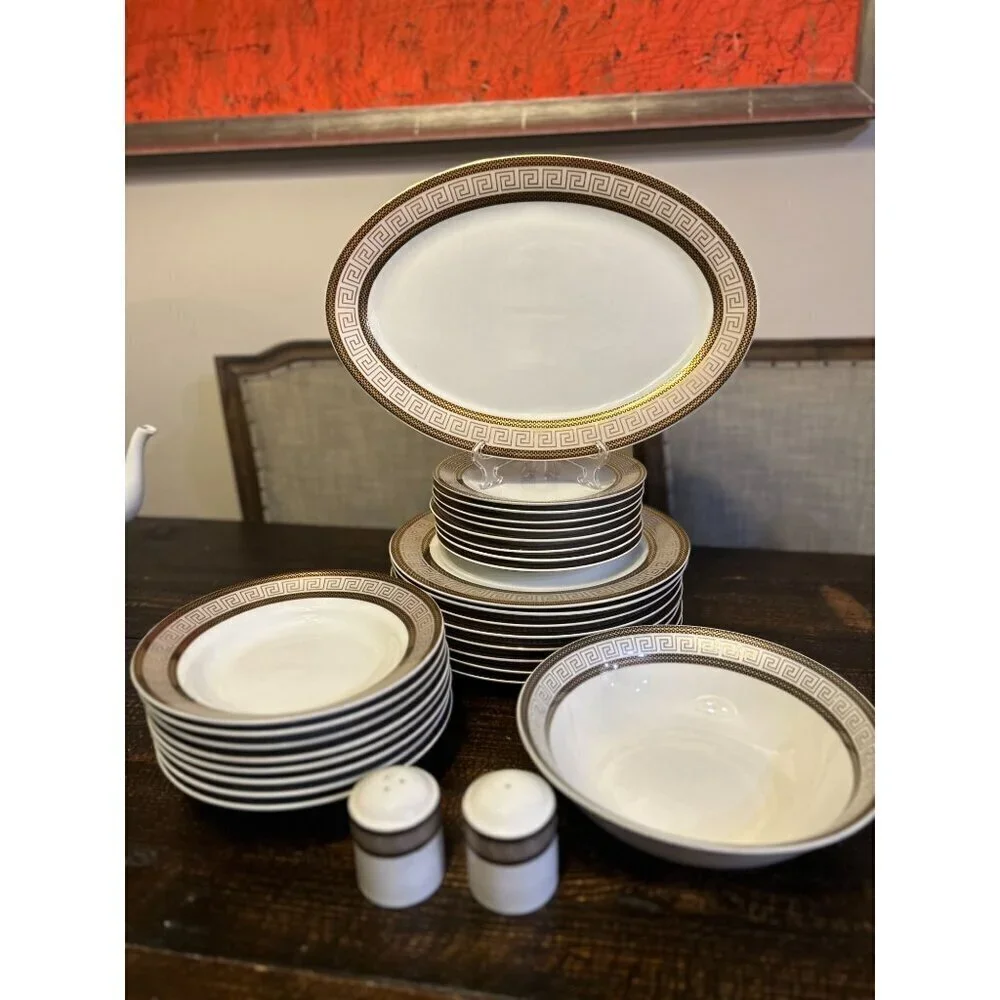 28 Piece Vintage Chattanooga Dining Set with Gold Greek Key Accents